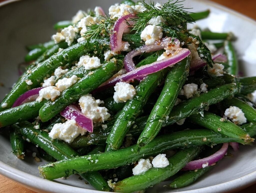Close-up of Green Bean and Feta Salad with red onions and dill, served in a bowl.