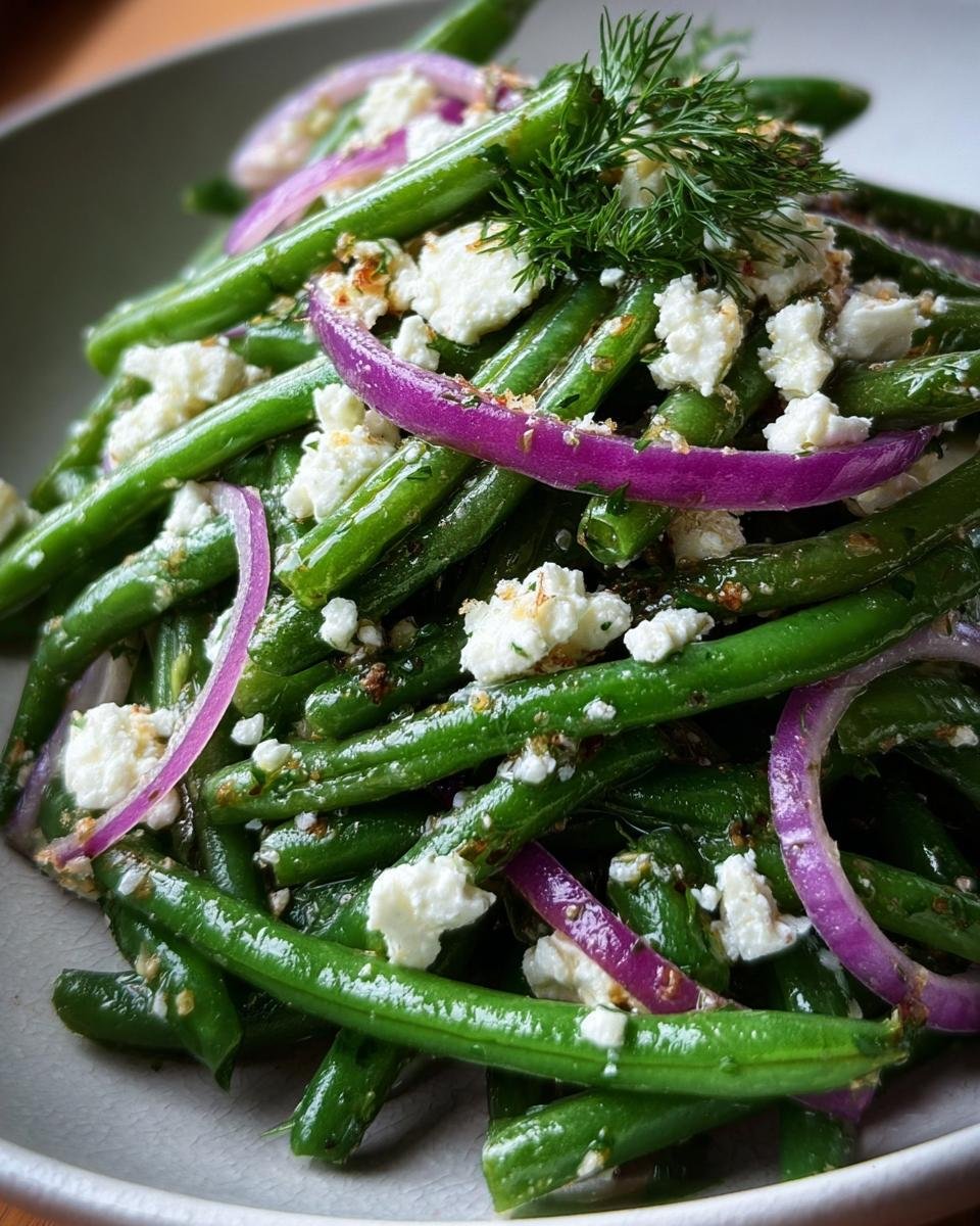 Close-up of Green Bean and Feta Salad with red onion and dill, served in a bowl.