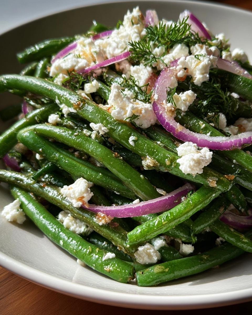 Close-up of Green Bean and Feta Salad with red onion rings and fresh dill, served in a white bowl.