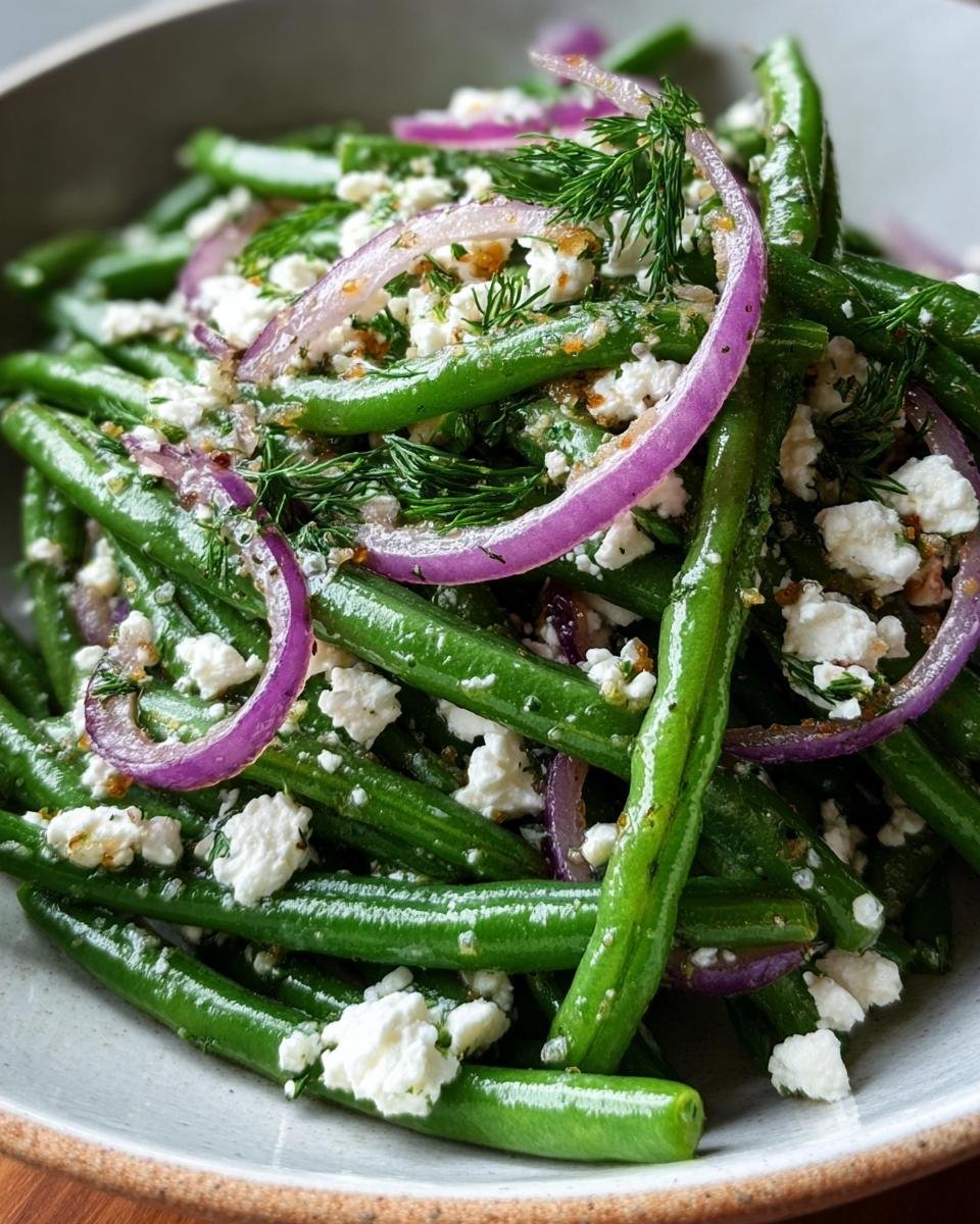 Close-up of Green Bean and Feta Salad with red onion rings and fresh dill in a white bowl.