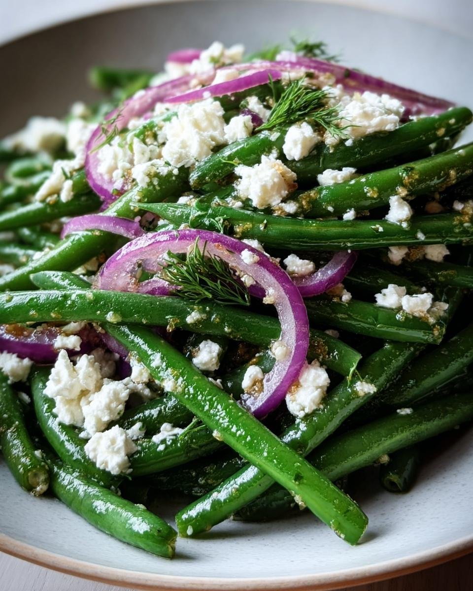 Close-up of Green Bean and Feta Salad with red onion and dill, showcasing its fresh ingredients.