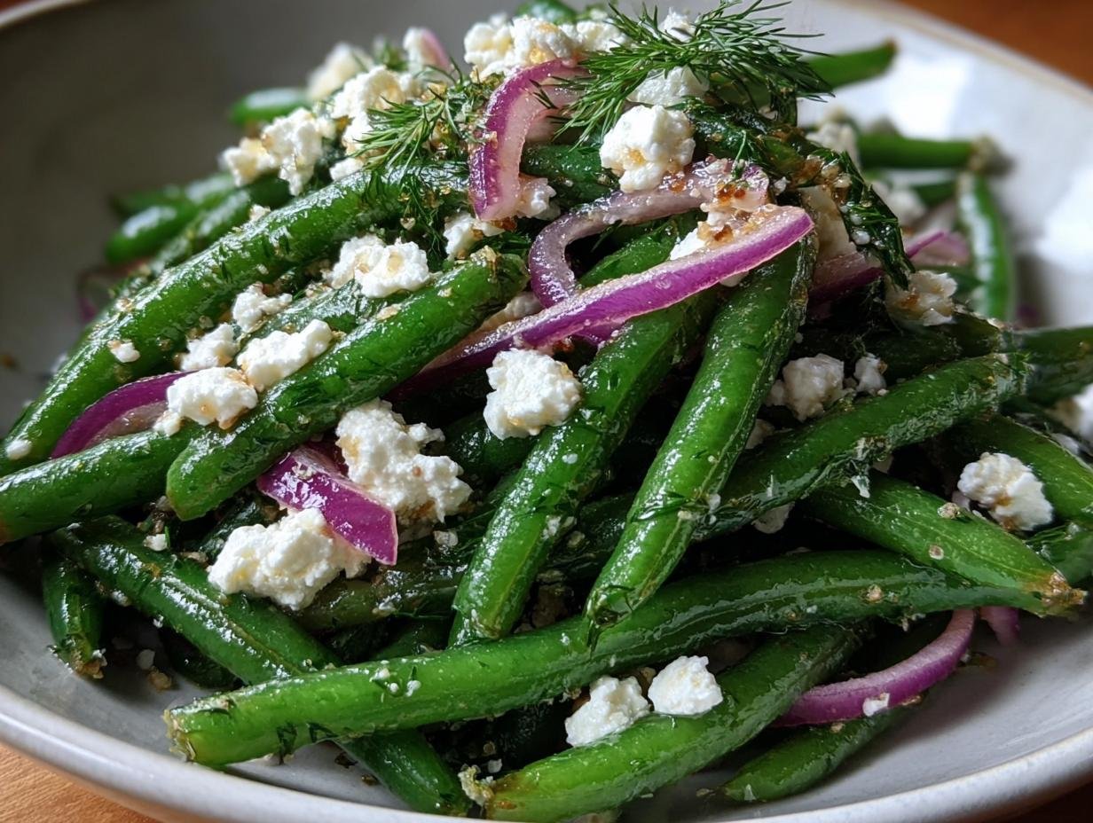 Close-up of Green Bean and Feta Salad with red onions and dill, served in a bowl.