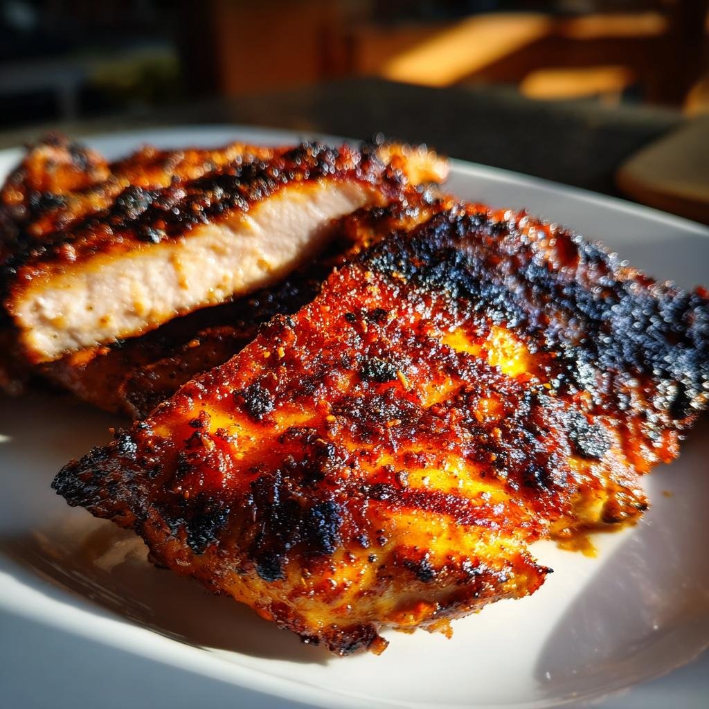Close-up of grilled chicken marinade, showing the char and juicy interior on a white plate.