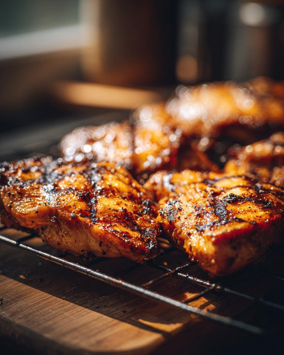 Close-up of grilled chicken marinade on a wire rack, showing grill marks and glistening surface.
