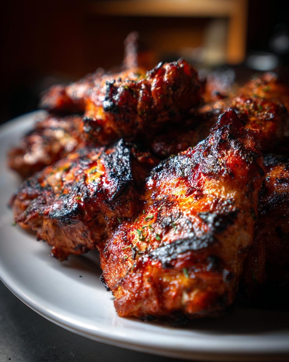 Close-up of grilled chicken pieces coated in a flavorful Grilled Chicken Marinade, served on a white plate.