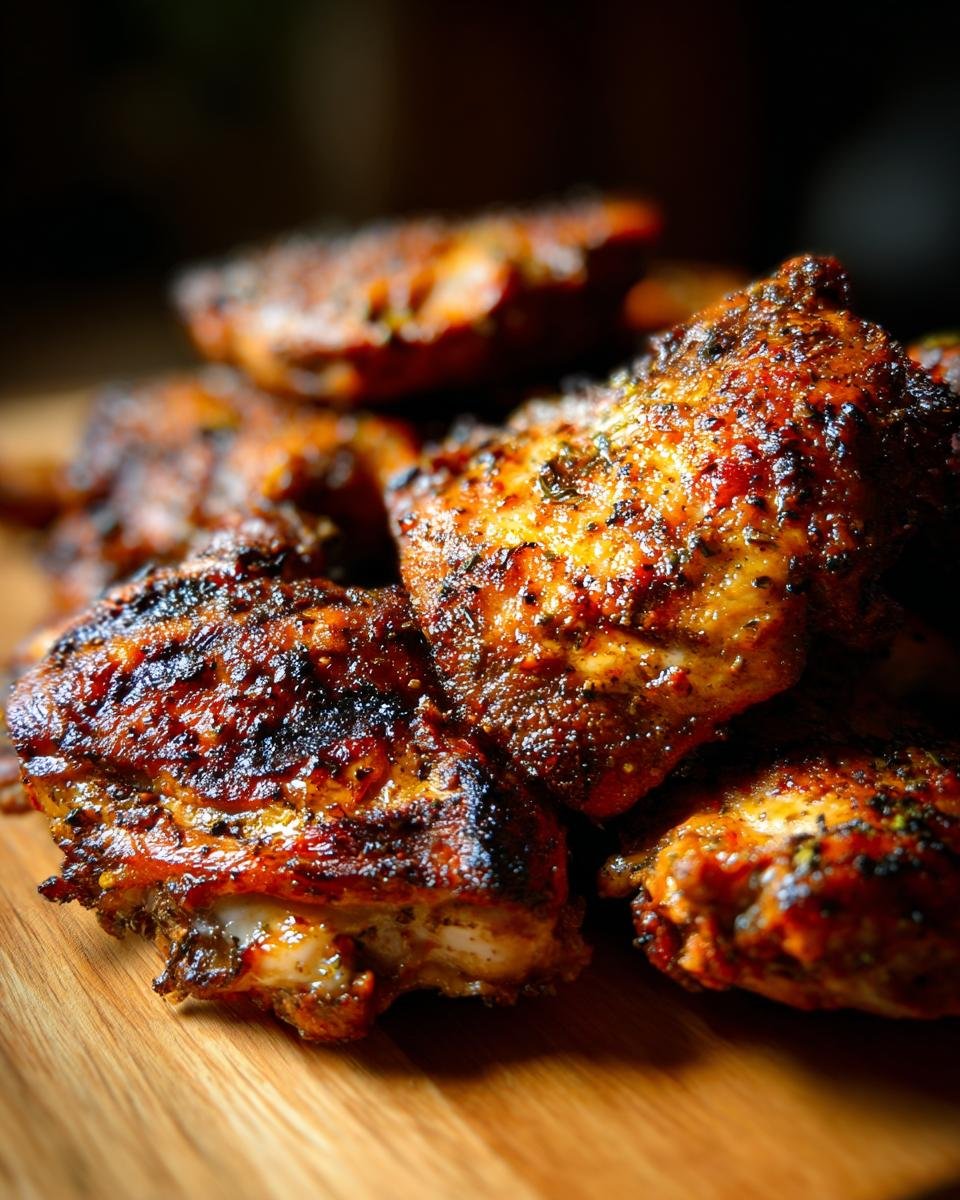 Close-up of grilled chicken thighs marinated with a delicious Grilled Chicken Marinade.