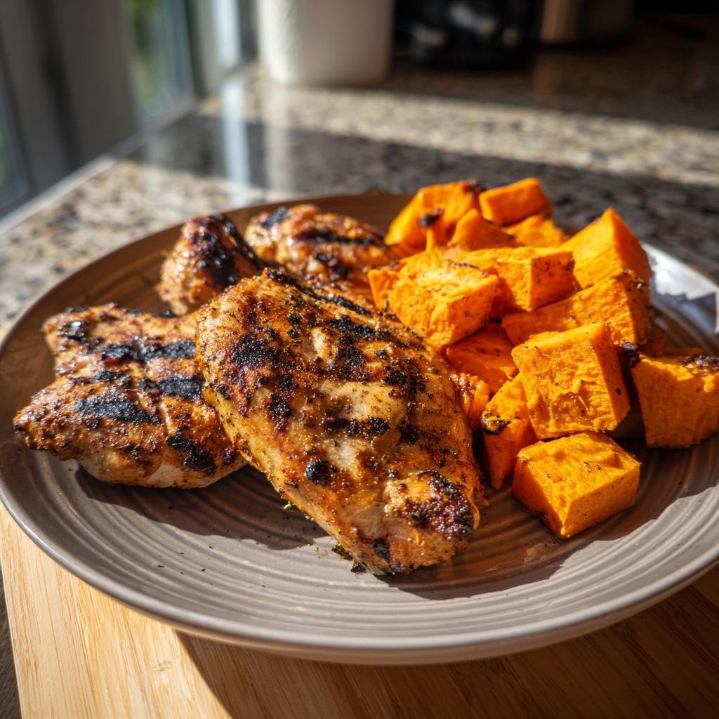 Delicious plate of Grilled Chicken & Sweet Potato, perfectly cooked and ready to eat.