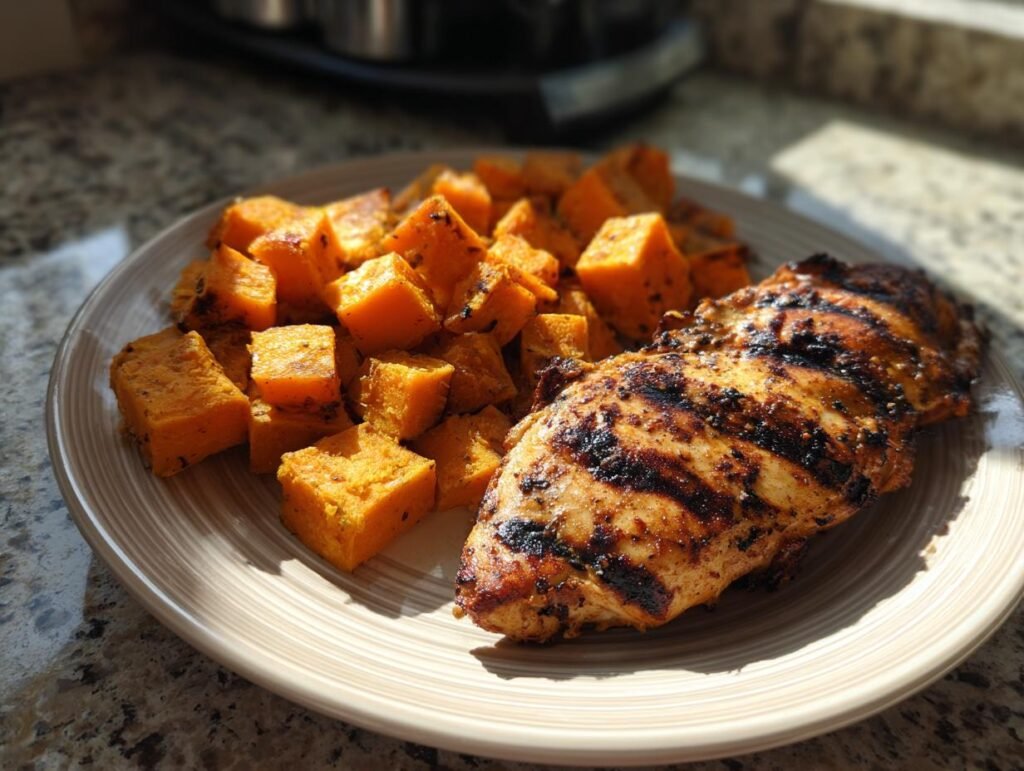 A plate of grilled chicken and sweet potato cubes, showcasing a delicious and healthy meal.
