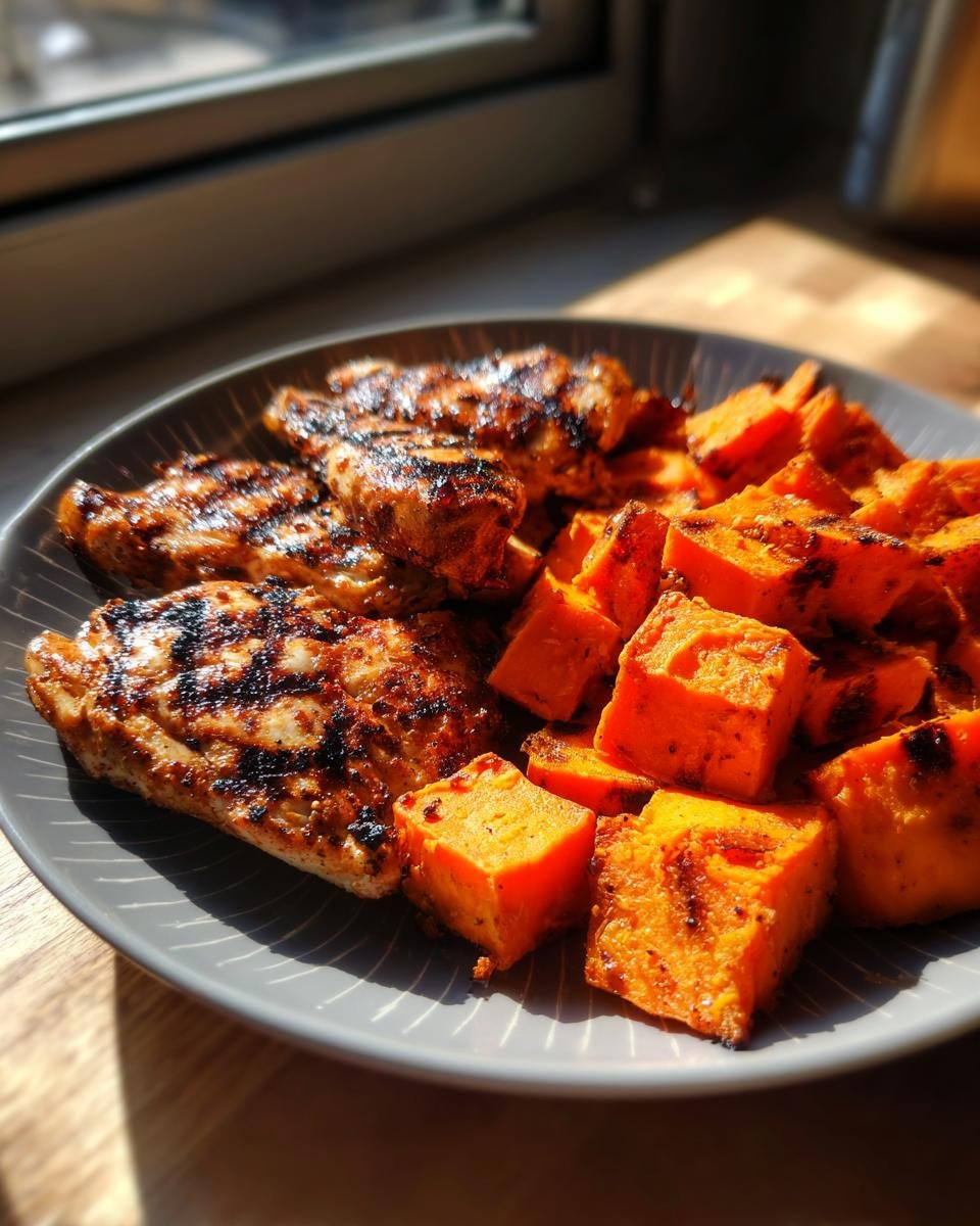 A plate of Grilled Chicken & Sweet Potato, featuring grilled chicken breasts and cubed sweet potatoes.