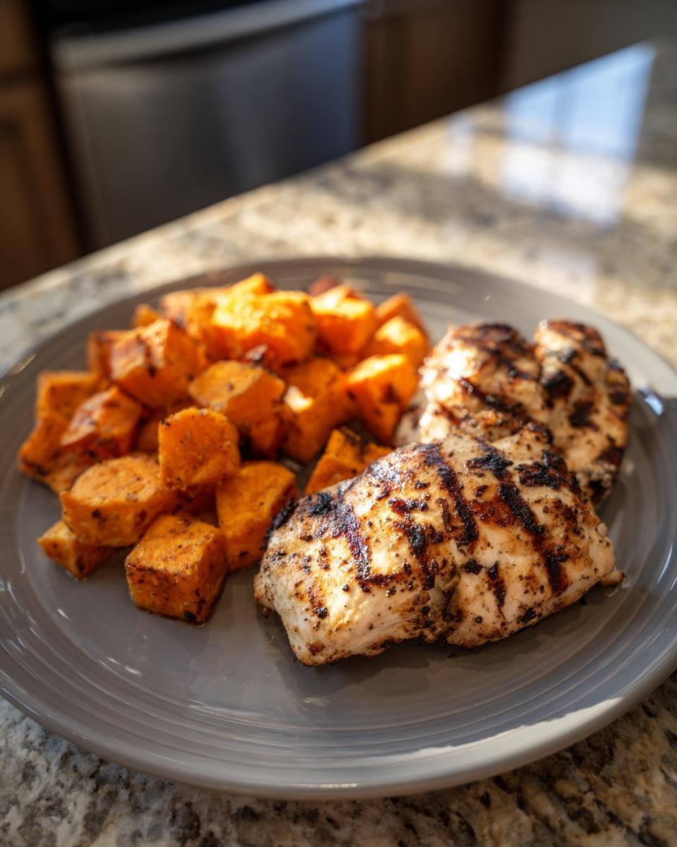 A plate of perfectly Grilled Chicken & Sweet Potato, showcasing grill marks and vibrant orange sweet potatoes.