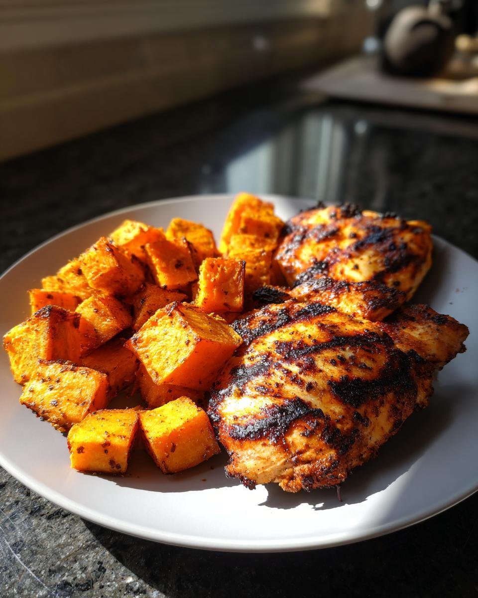 Two pieces of grilled chicken and a pile of cubed sweet potato on a plate. Grilled Chicken & Sweet Potato recipe.