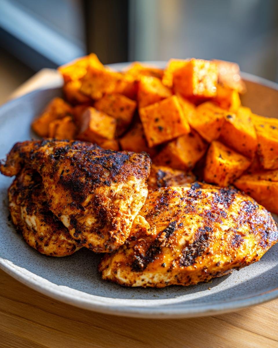 A plate of grilled chicken and sweet potato cubes, showcasing a healthy and delicious meal.