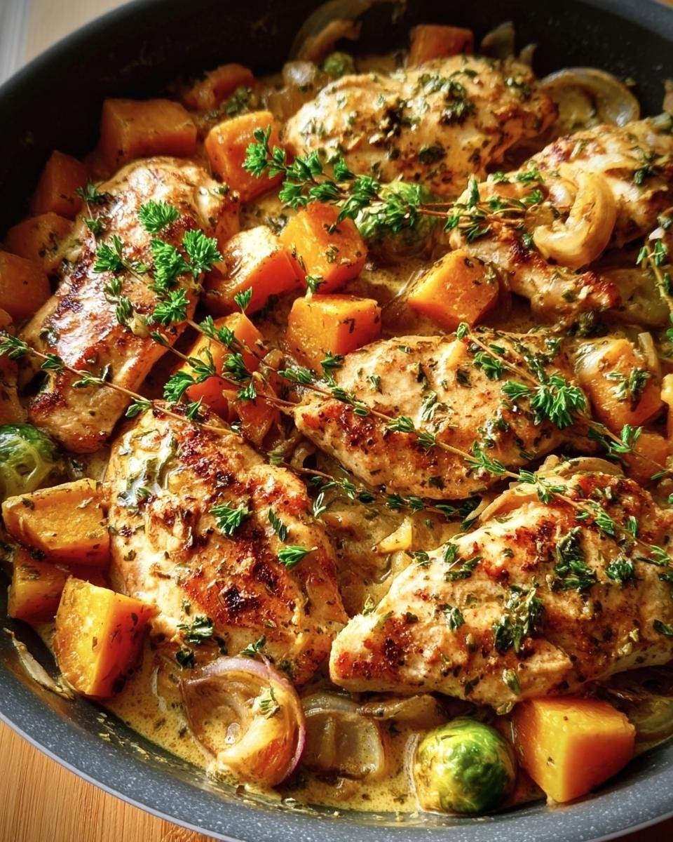 A delicious Harvest Chicken Skillet with chicken breasts, butternut squash, onions, and herbs in a creamy sauce.