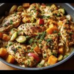 A flavorful Harvest Chicken Skillet featuring chicken, butternut squash, Brussels sprouts, apples, and onions.