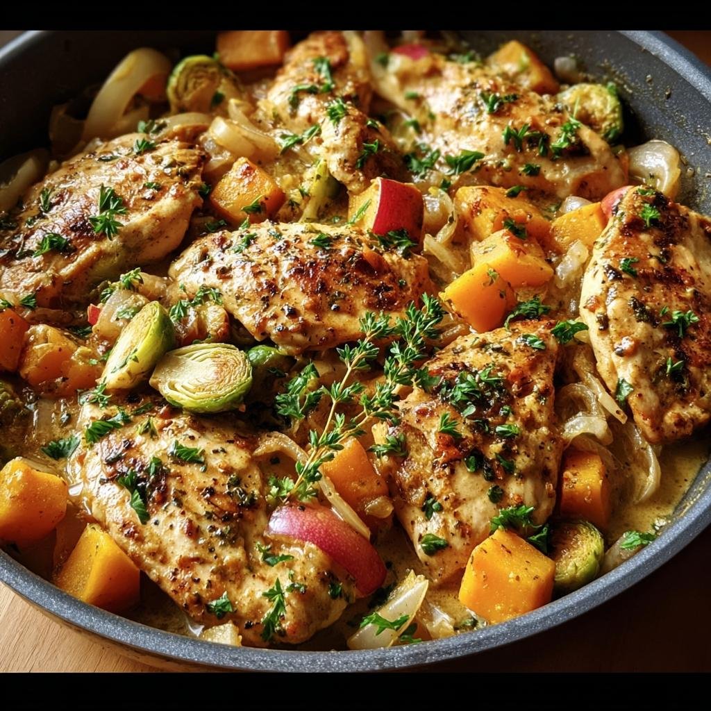 A flavorful Harvest Chicken Skillet featuring chicken, butternut squash, Brussels sprouts, apples, and onions.