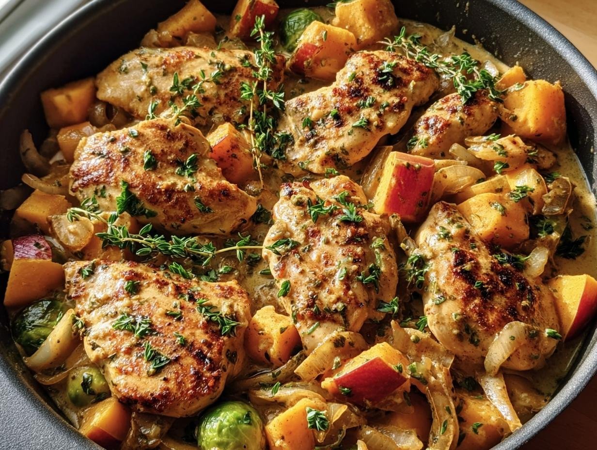 A one-pan Harvest Chicken Skillet featuring chicken, squash, apples, onions, and Brussels sprouts.