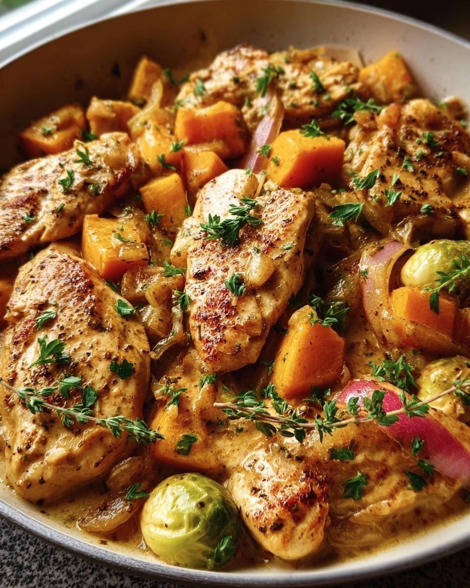 A close-up of a Harvest Chicken Skillet, filled with chicken, butternut squash, Brussels sprouts, and herbs.