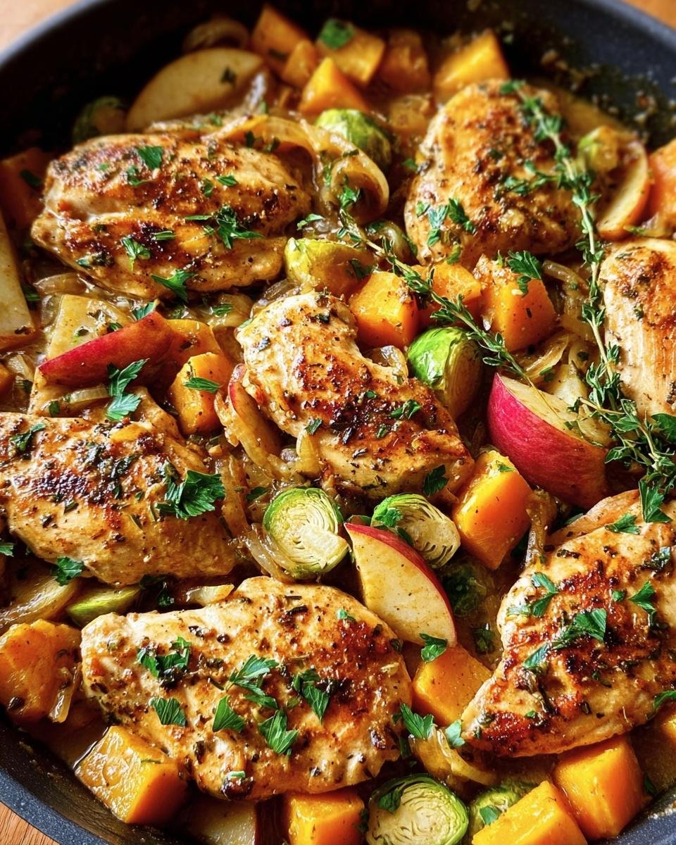 Close-up of a Harvest Chicken Skillet with chicken, butternut squash, apples, and brussel sprouts.