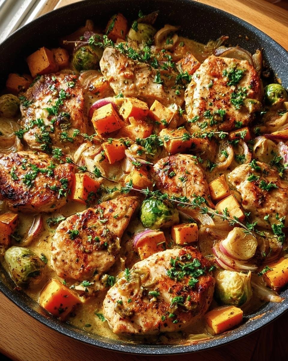 Overhead view of a Harvest Chicken Skillet with chicken, sweet potatoes, Brussels sprouts, and herbs.