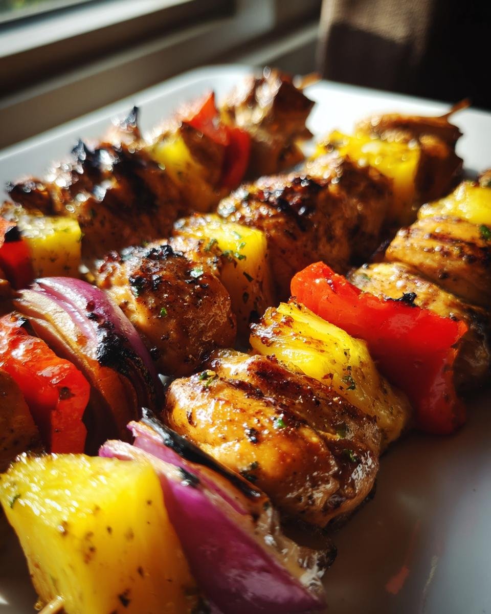Close-up of grilled Hawaiian Chicken Pineapple Kebabs with chicken, pineapple, red pepper, and red onion.