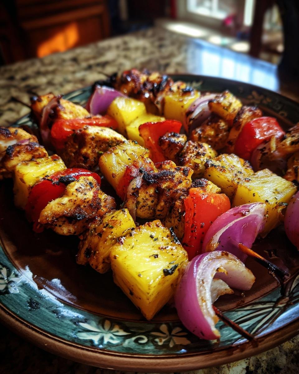 Close-up of Hawaiian Chicken Pineapple Kebabs with chicken, pineapple, red pepper, and red onion on a plate.