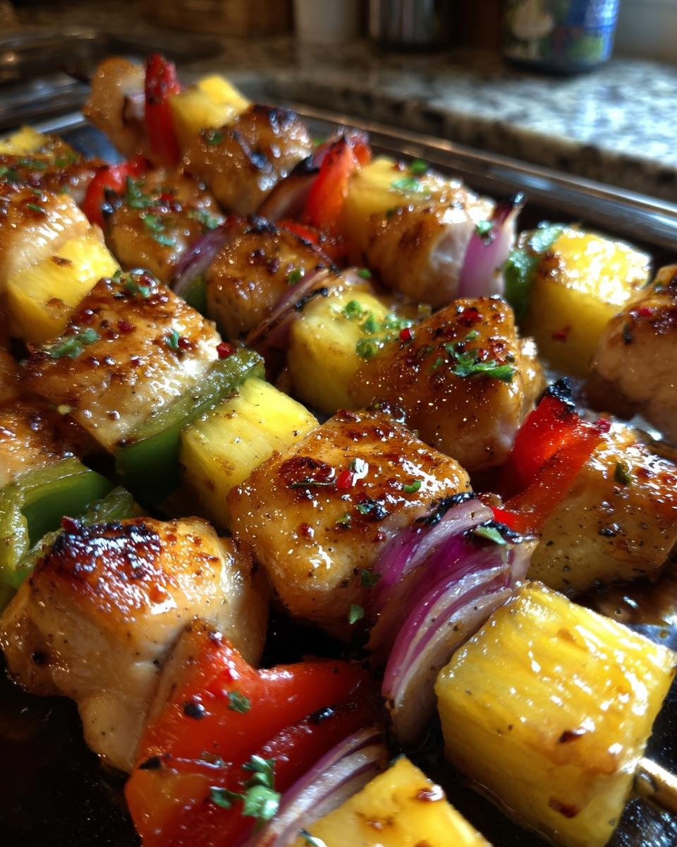 Close-up of Hawaiian Chicken Pineapple Kebabs with chicken, pineapple, peppers, and onions on skewers.