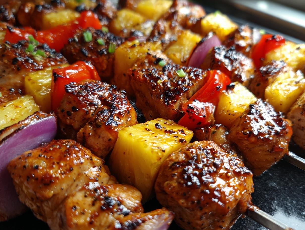 Close-up of Hawaiian Chicken Pineapple Kebabs with chicken, pineapple, red pepper, and red onion on skewers.