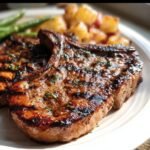 Two Hawaiian Grilled Pork Chops on a plate with potatoes and green beans. Delicious and savory.