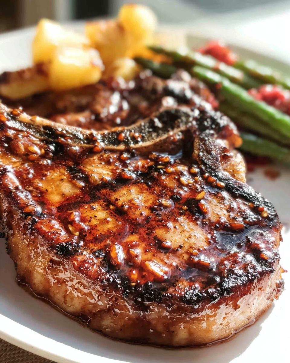 Close-up of a grilled Hawaiian Pork Chop with a shiny glaze, served with potatoes and green beans.