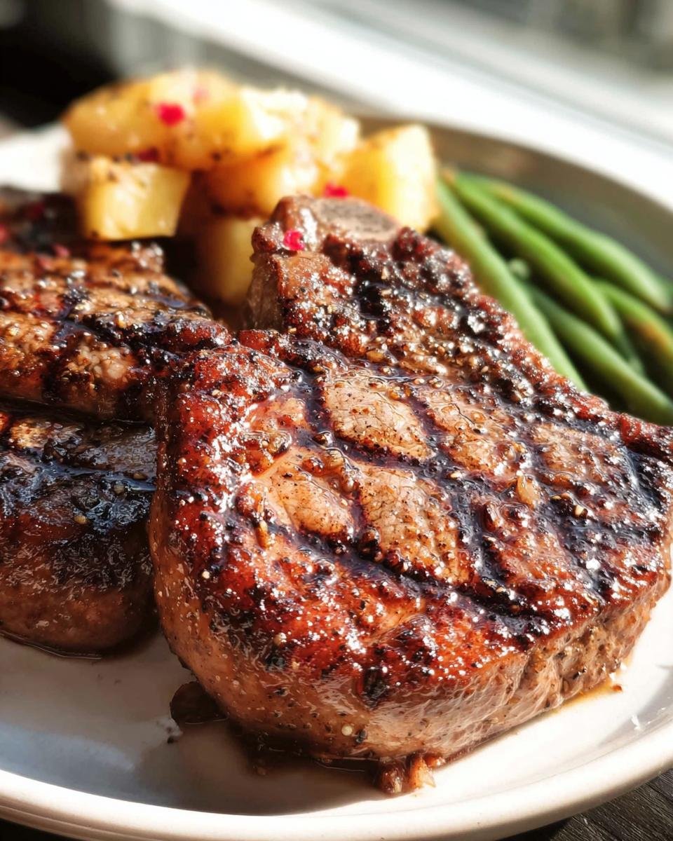 Close-up of grilled Hawaiian Pork Chops served with pineapple chunks and green beans on a white plate.
