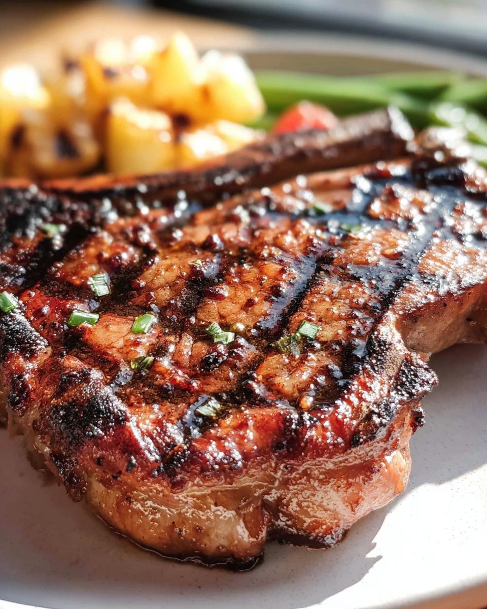 Close-up of a Hawaiian Grilled Pork Chop with pineapple and green beans, showcasing grill marks and glaze.