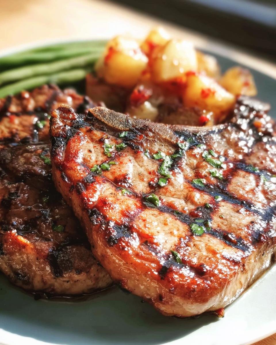 Two Hawaiian Grilled Pork Chops on a plate with pineapple salsa and green beans.