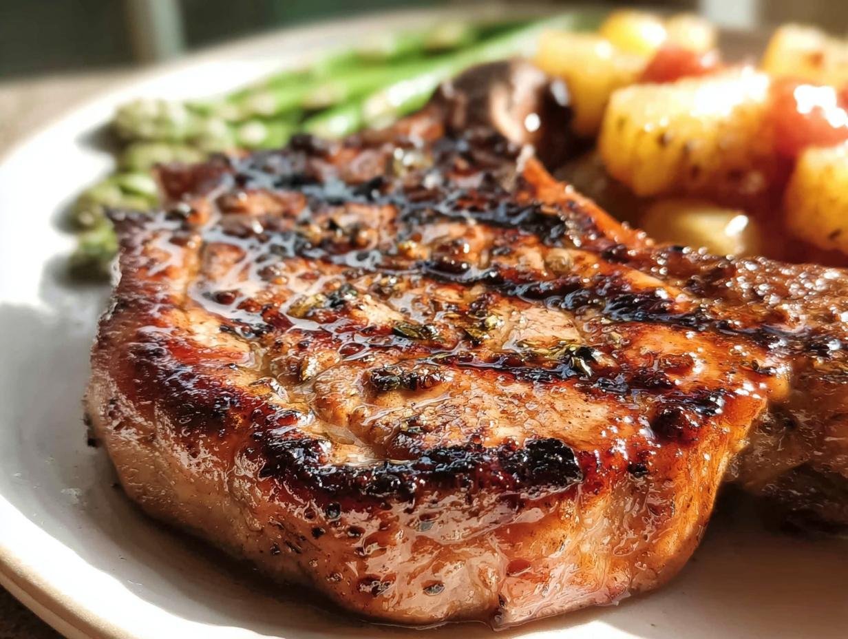 Close-up of Hawaiian Grilled Pork Chops with pineapple and asparagus on a white plate.