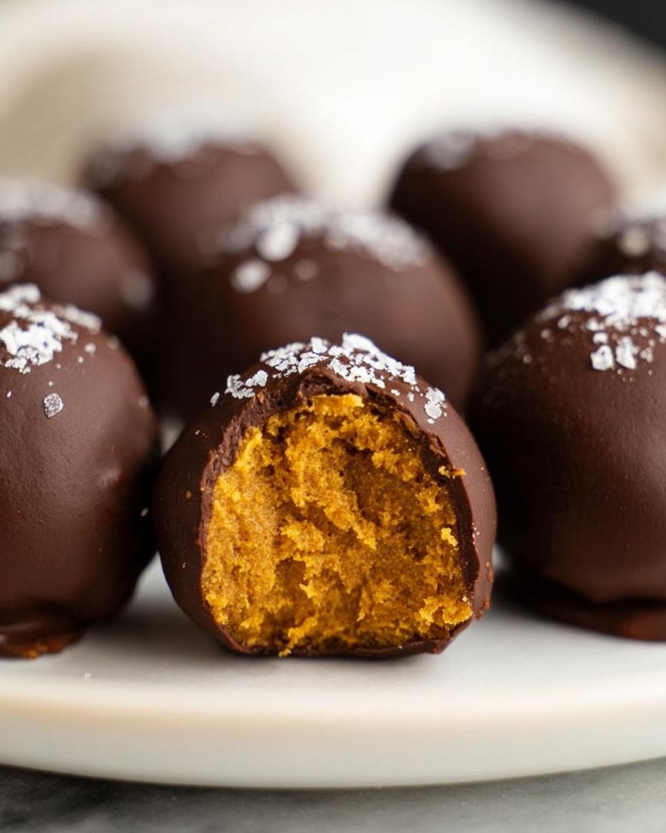 Close-up of a chocolate-covered healthy pumpkin truffle with a bite taken out, revealing the pumpkin filling.