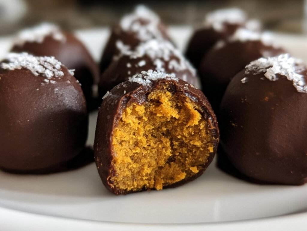 A close-up of Healthy Pumpkin Truffles, one cut in half to show the pumpkin filling, covered in chocolate and sprinkled with salt.