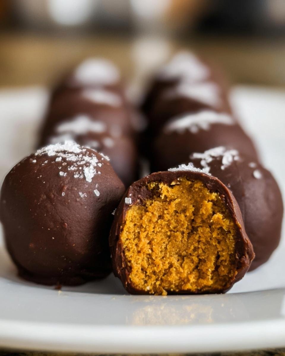 Close-up of Healthy Pumpkin Truffles, one cut in half to show the pumpkin filling, topped with sea salt.