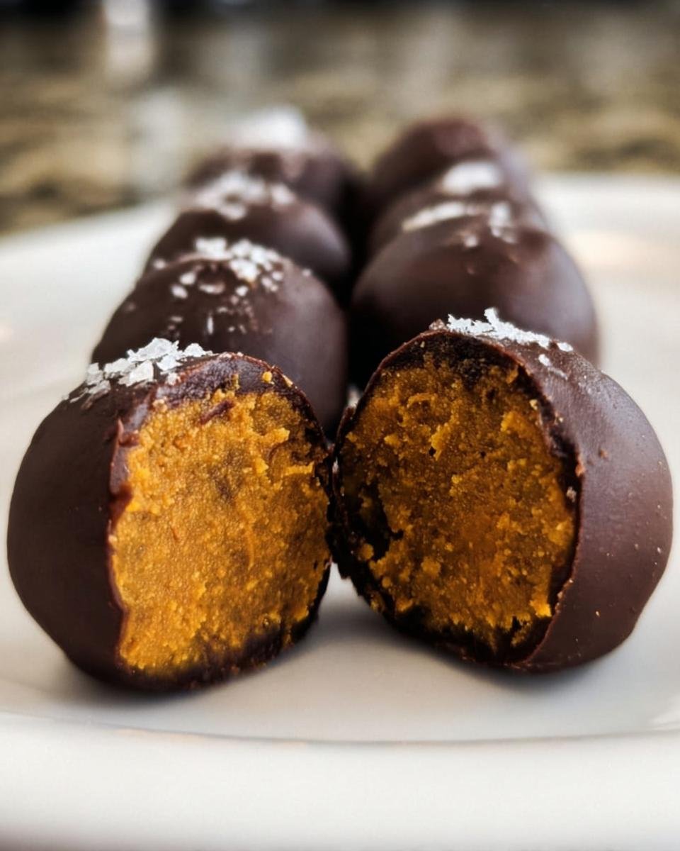 A close-up of Healthy Pumpkin Truffles, one cut in half to show the pumpkin filling, arranged on a white plate.