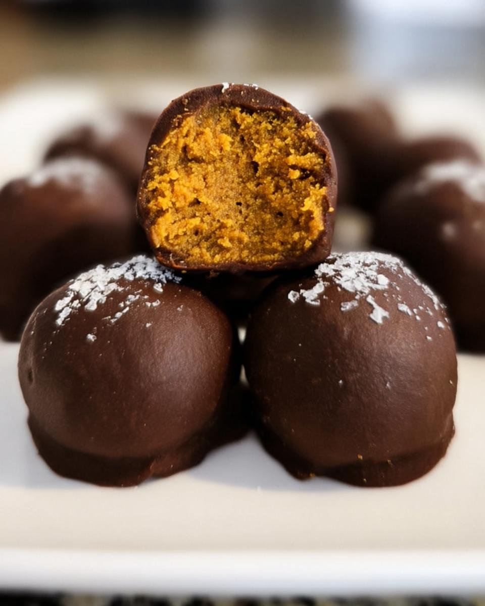 A stack of Healthy Pumpkin Truffles, one cut in half to show the pumpkin filling and chocolate coating.