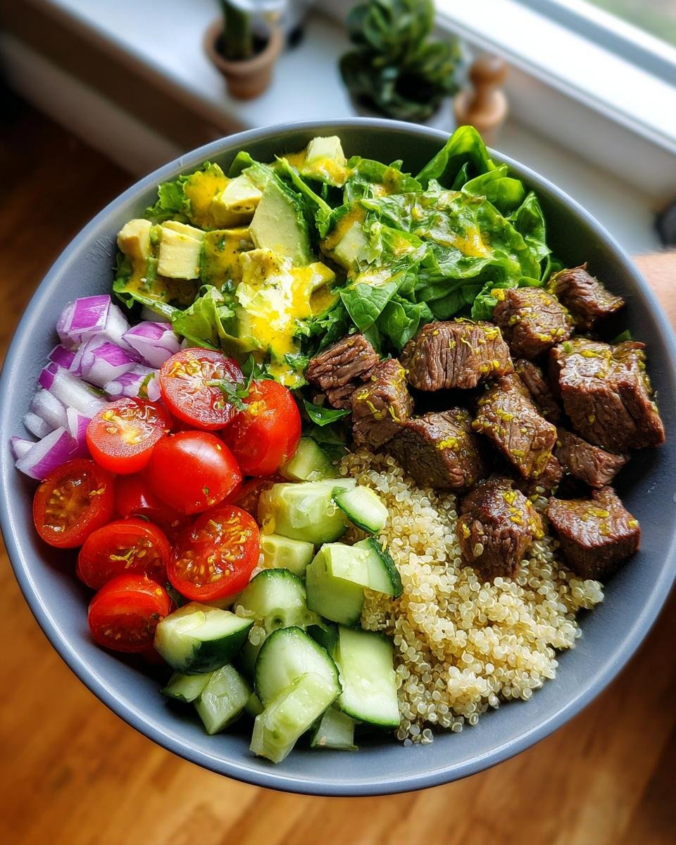 Overhead view of a vibrant Healthy Steak Bowl featuring steak, quinoa, avocado, tomatoes, and cucumbers.