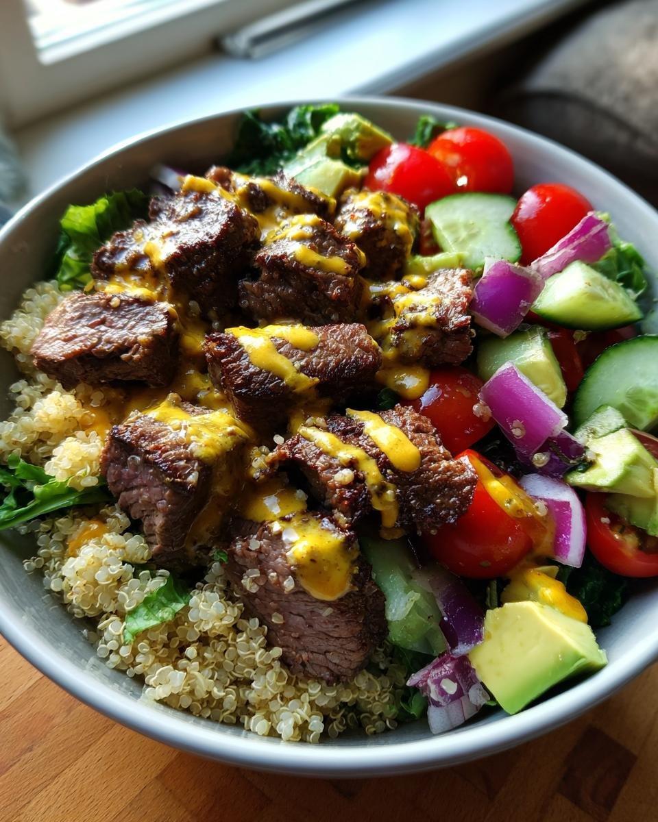 Overhead shot of a Healthy Steak Bowl with quinoa, steak, avocado, tomatoes, cucumber, and red onion.
