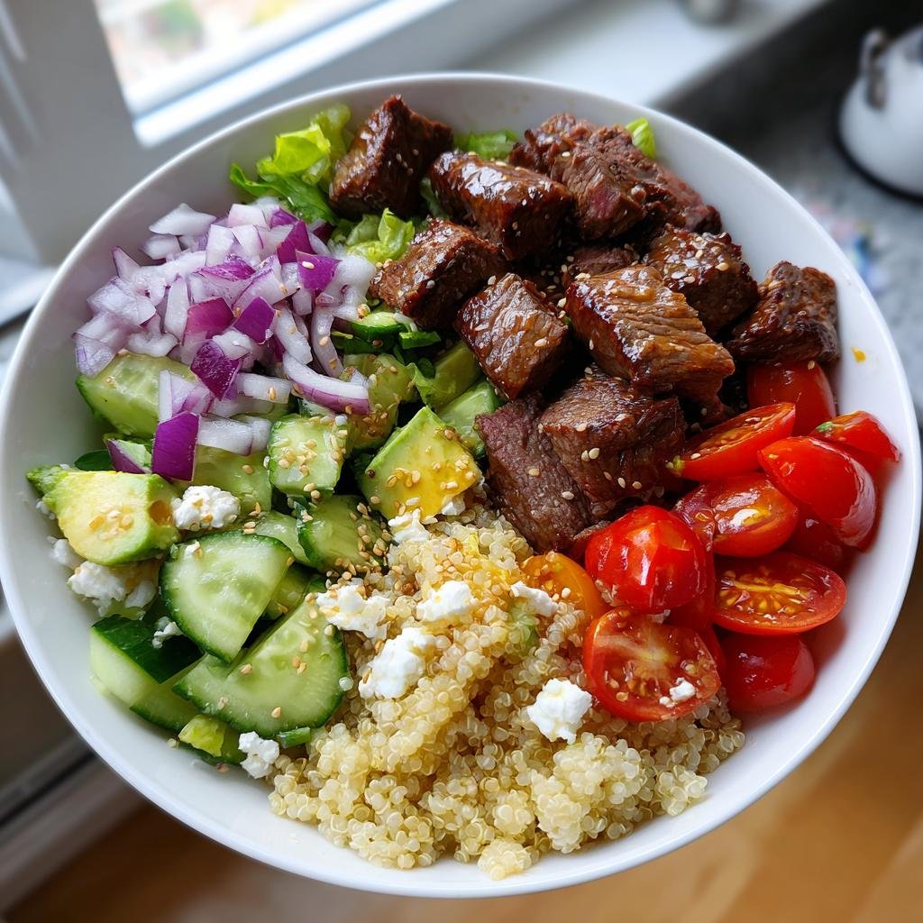 Overhead shot of a vibrant Healthy Steak Bowl with steak, quinoa, avocado, cucumber, tomatoes, and red onion.