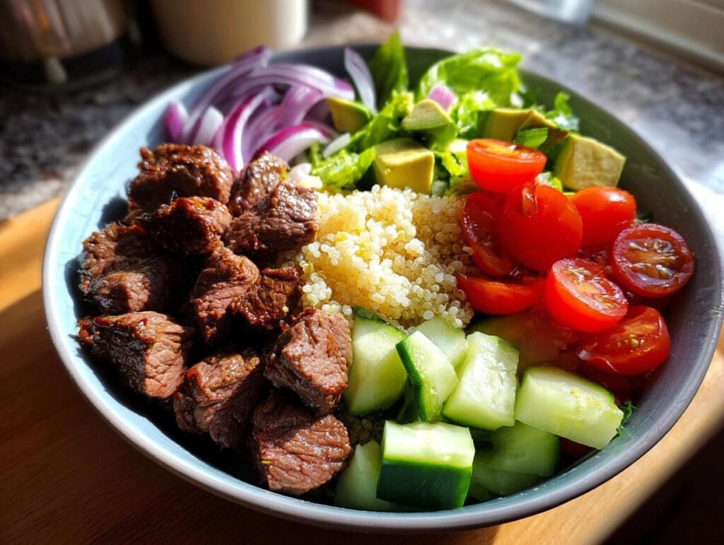 A vibrant and colorful Healthy Steak Bowl filled with steak, quinoa, tomatoes, cucumber, avocado, and red onion.