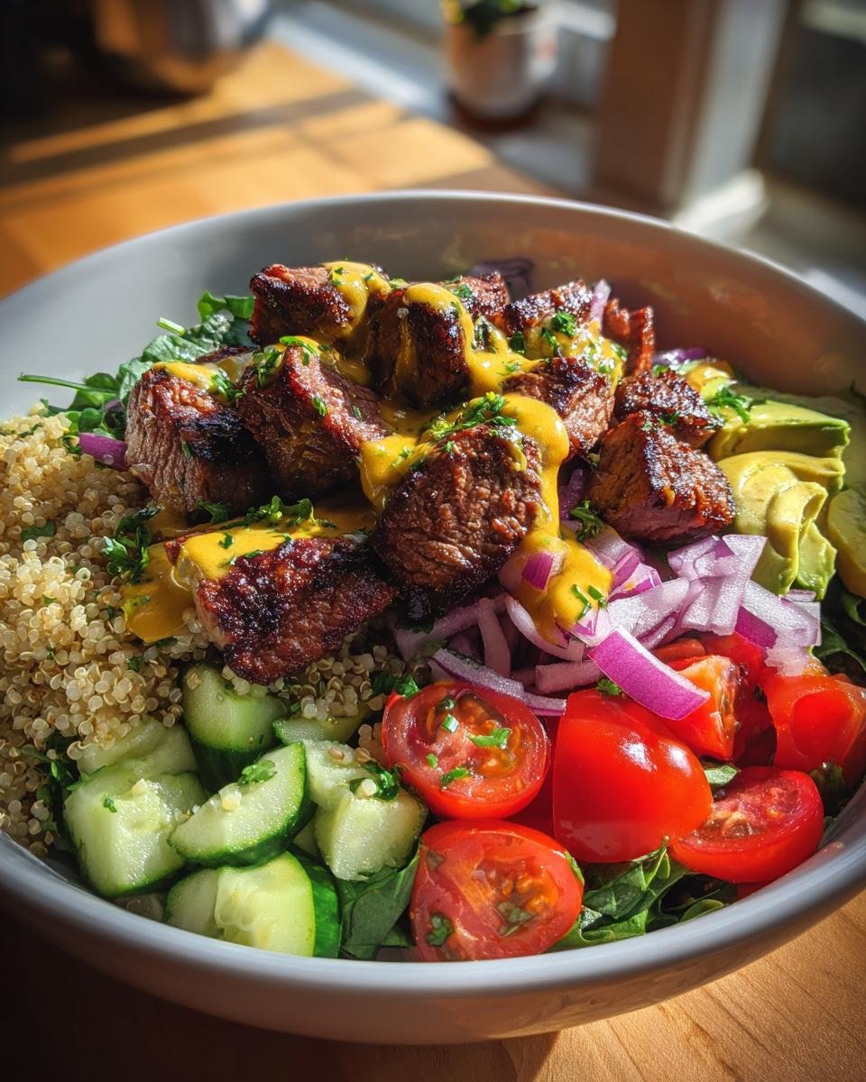 Close-up of a vibrant Healthy Steak Bowl with steak, quinoa, avocado, tomatoes, cucumber, and red onion.