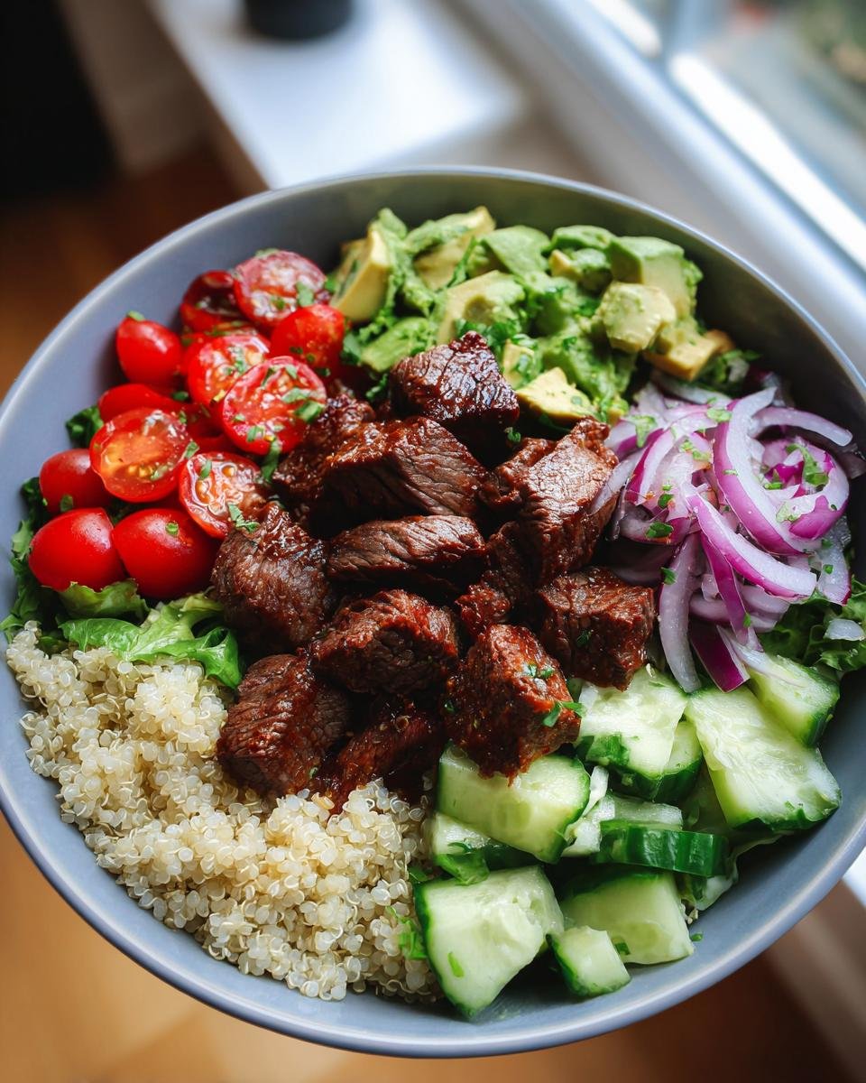 Overhead view of a Healthy Steak Bowl with steak, quinoa, avocado, tomatoes, cucumber, and red onion.