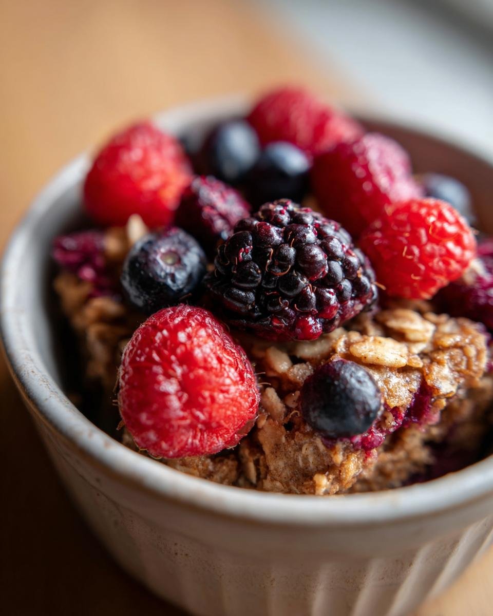 Close-up of a High Protein Berry Bake in a bowl, topped with fresh raspberries, blueberries, and blackberries.