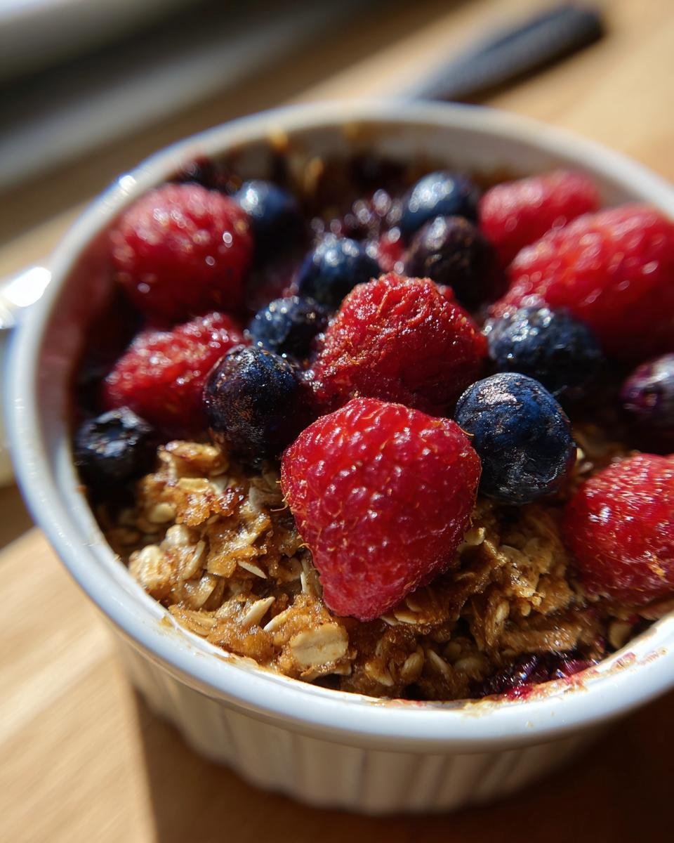 Close-up of a High Protein Berry Bake in a ramekin, topped with fresh raspberries and blueberries.