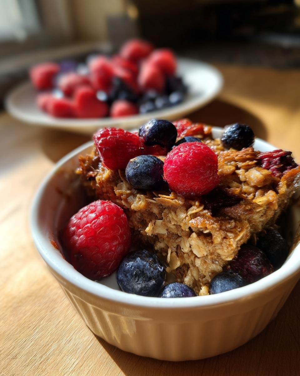 Close-up of a High Protein Berry Bake in a white ramekin, topped with fresh raspberries and blueberries.