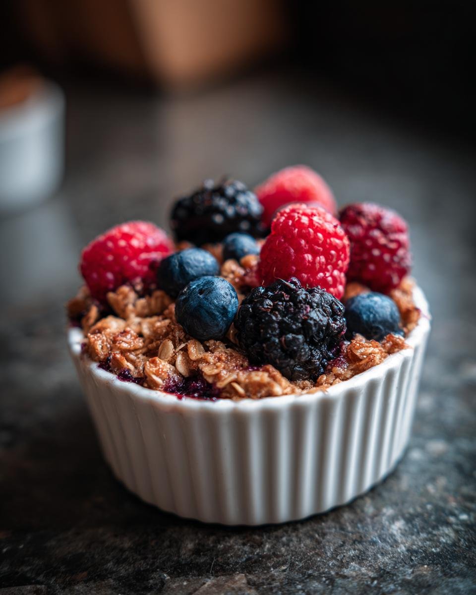 Close-up of a High Protein Berry Bake in a white ramekin, topped with raspberries, blueberries, and blackberries.