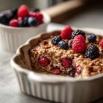 Delicious High Protein Berry Bake in a baking dish, topped with fresh raspberries, blueberries, and blackberries.