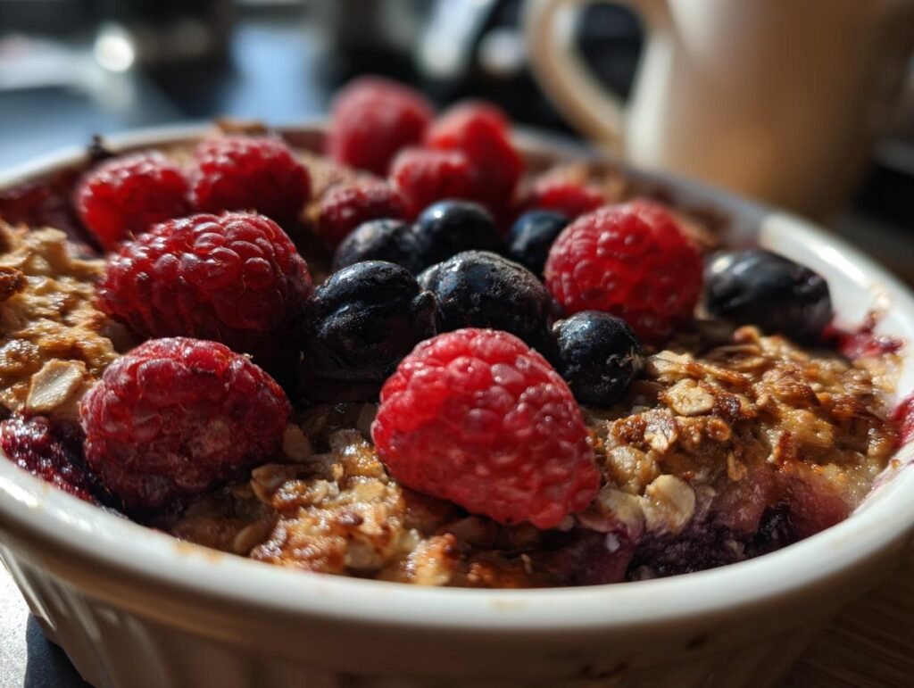 Close-up of a High Protein Berry Bake in a white dish, topped with fresh raspberries and blueberries.